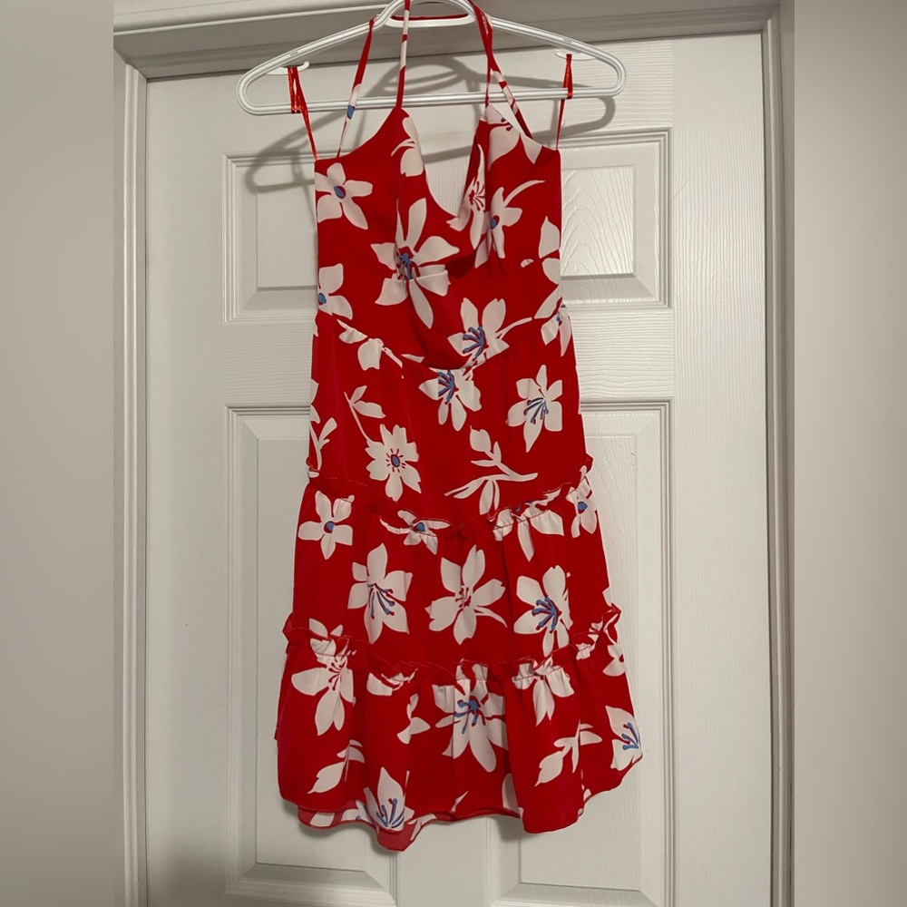 HYFVE Red Floral Print Tiered Tie Back Mini Dress